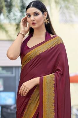 Wine digital printed crepe silk paisley traditional saree with unstitched blouse 2