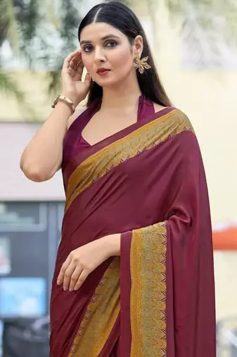 Wine digital printed crepe silk paisley traditional saree with unstitched blouse