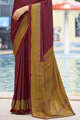 Wine digital printed crepe silk paisley traditional saree with unstitched blouse 3