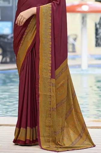 Wine digital printed crepe silk paisley traditional saree with unstitched blouse