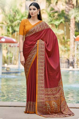 Maroon digital printed crepe silk paisley traditional saree with unstitched blouse