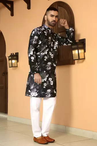 Floral printed wine mandarin collor silk blend kurta