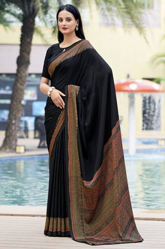 Black digital printed crepe silk paisley traditional saree with unstitched blouse