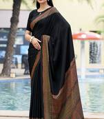 Black digital printed crepe silk paisley traditional saree with unstitched blouse