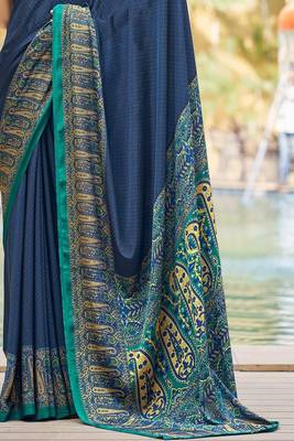 Blue digital printed crepe silk paisley traditional saree with unstitched blouse 3