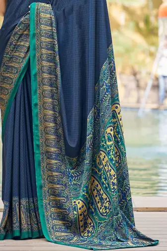 Blue digital printed crepe silk paisley traditional saree with unstitched blouse