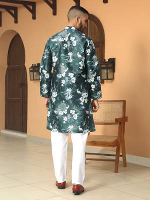 Floral printed green mandarin collor silk blend kurta 3