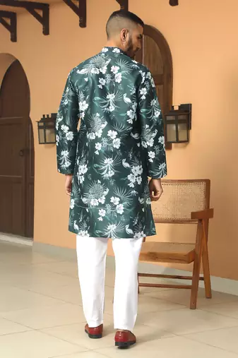 Floral printed green mandarin collor silk blend kurta