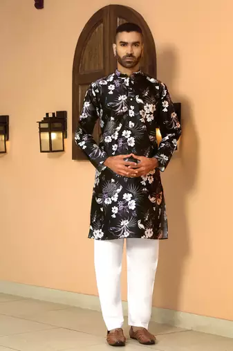 Floral printed wine mandarin collor silk blend kurta