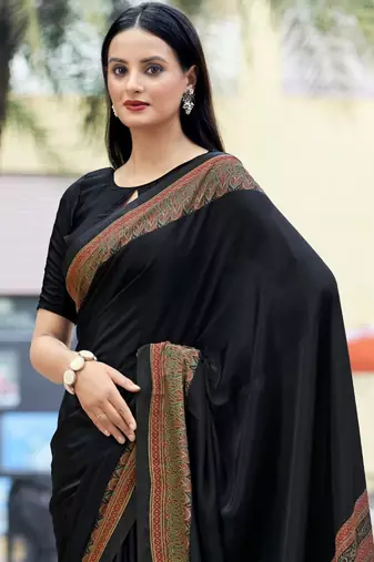 Black digital printed crepe silk paisley traditional saree with unstitched blouse