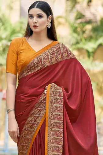 Maroon digital printed crepe silk paisley traditional saree with unstitched blouse