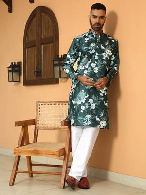 Floral printed green mandarin collor silk blend kurta 4