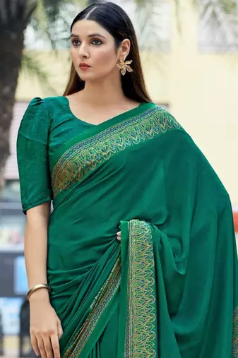 Teal green digital printed crepe silk paisley traditional saree with unstitched blouse
