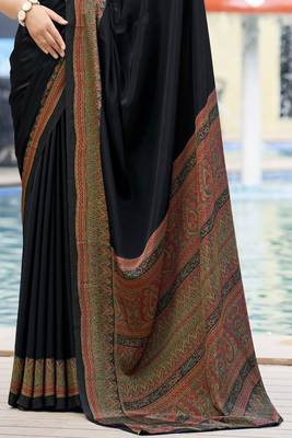 Black digital printed crepe silk paisley traditional saree with unstitched blouse 3