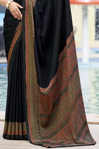 Black digital printed crepe silk paisley traditional saree with unstitched blouse