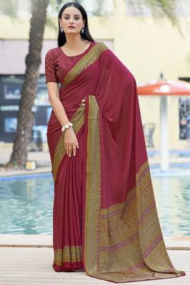 Maroon digital printed crepe silk paisley traditional saree with unstitched blouse 1