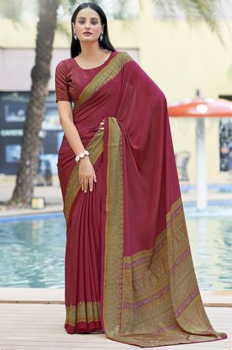 Maroon digital printed crepe silk paisley traditional saree with unstitched blouse