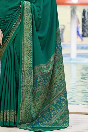 Teal green digital printed crepe silk paisley traditional saree with unstitched blouse