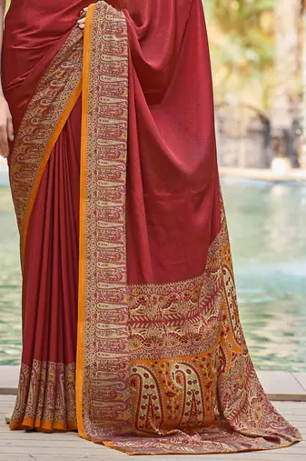 Maroon digital printed crepe silk paisley traditional saree with unstitched blouse