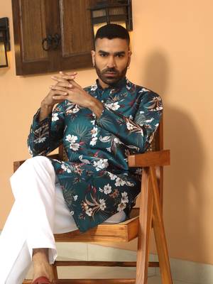 Floral printed blue mandarin collor silk blend kurta 1