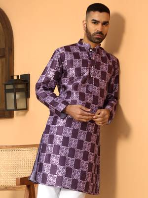 Batik printed silk blend mandarine collor purple kurta 1