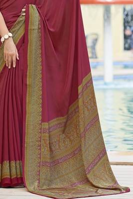 Maroon digital printed crepe silk paisley traditional saree with unstitched blouse 3