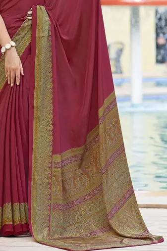 Maroon digital printed crepe silk paisley traditional saree with unstitched blouse