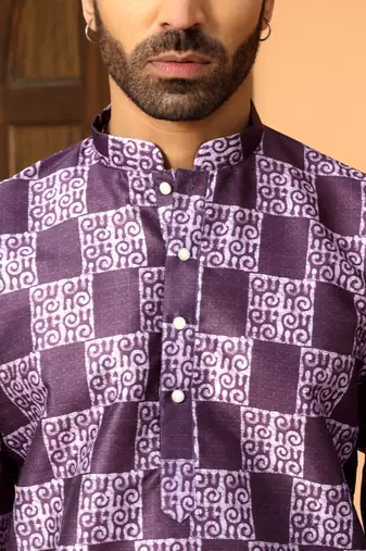 Batik printed silk blend mandarine collor purple kurta