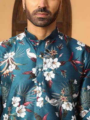 Floral printed blue mandarin collor silk blend kurta 2