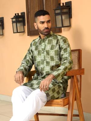 Batik printed silk blend mandarine collor green kurta 1