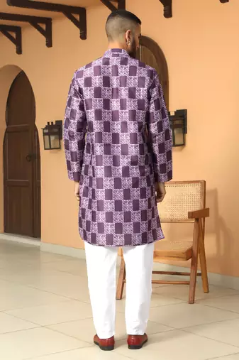 Batik printed silk blend mandarine collor purple kurta