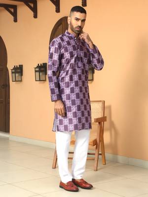 Batik printed silk blend mandarine collor purple kurta 4