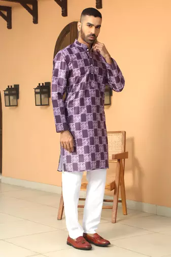 Batik printed silk blend mandarine collor purple kurta