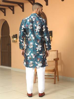 Floral printed blue mandarin collor silk blend kurta 3
