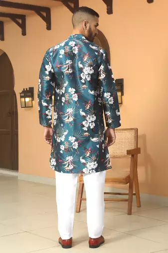 Floral printed blue mandarin collor silk blend kurta
