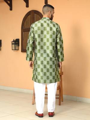 Batik printed silk blend mandarine collor green kurta 3