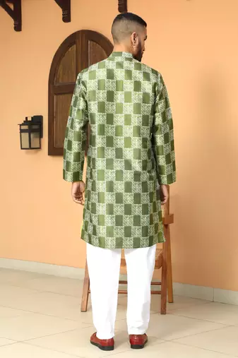 Batik printed silk blend mandarine collor green kurta