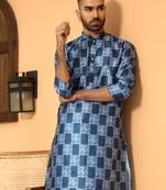 Batik printed silk blend mandarine collor blue kurta