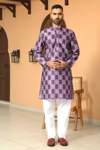 Batik printed silk blend mandarine collor purple kurta