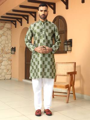 Batik printed silk blend mandarine collor green kurta 4