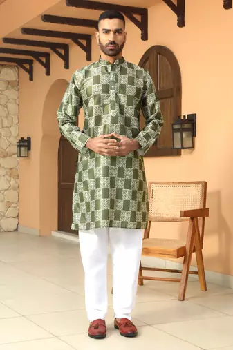 Batik printed silk blend mandarine collor green kurta