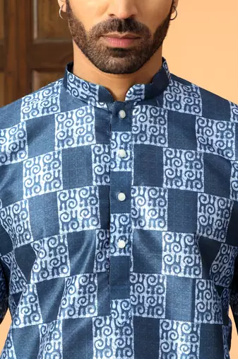 Batik printed silk blend mandarine collor blue kurta