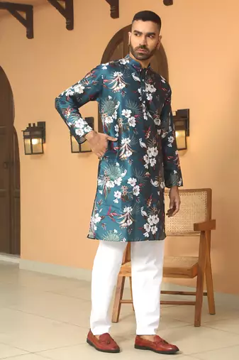 Floral printed blue mandarin collor silk blend kurta