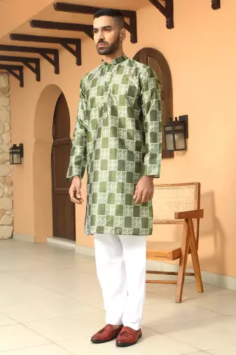 Batik printed silk blend mandarine collor green kurta