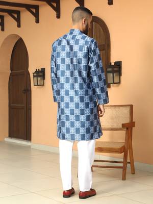 Batik printed silk blend mandarine collor blue kurta 4