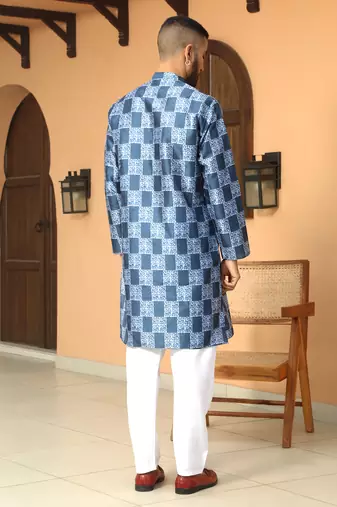 Batik printed silk blend mandarine collor blue kurta