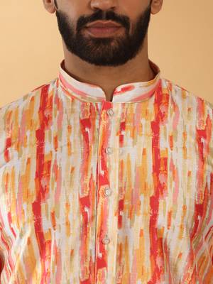 Silk blend tie-dye printed madarine collor yellow kurta 2