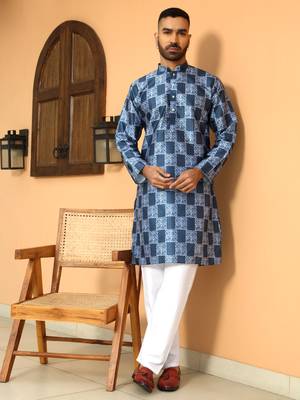 Batik printed silk blend mandarine collor blue kurta 5