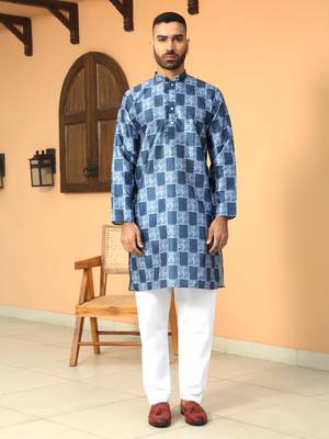 Batik printed silk blend mandarine collor blue kurta 6