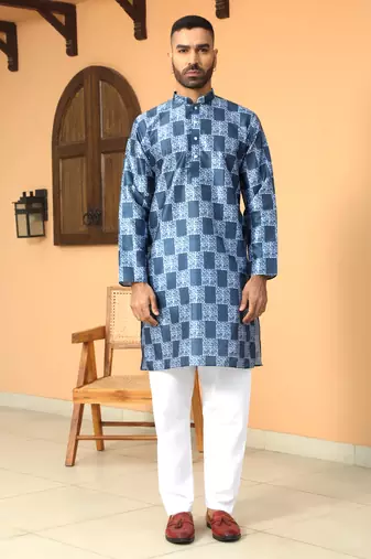 Batik printed silk blend mandarine collor blue kurta